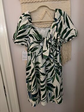 George White Dress with Green and Blue Leaf Pattern